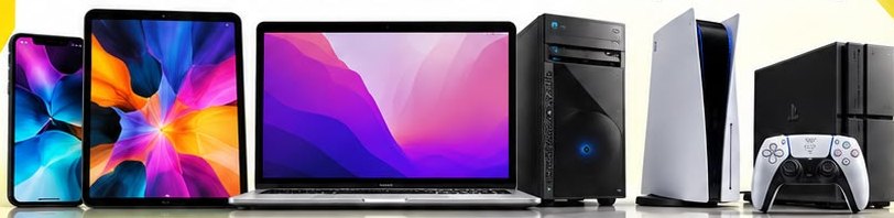 A phone, tablet, laptop, desktop PC and games consoles