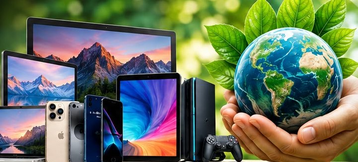 Phones, laptops, tablets and a games console beside a globe held in two hands