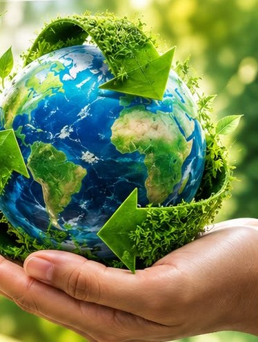 A globe wrapped in green recycling arrows, held in a hand